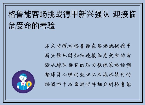 格鲁能客场挑战德甲新兴强队 迎接临危受命的考验