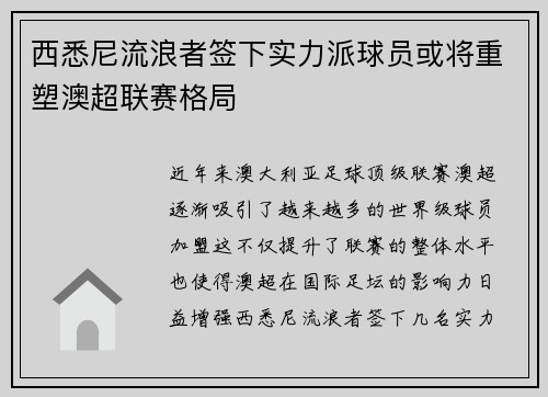 西悉尼流浪者签下实力派球员或将重塑澳超联赛格局