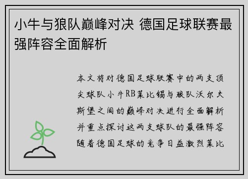 小牛与狼队巅峰对决 德国足球联赛最强阵容全面解析