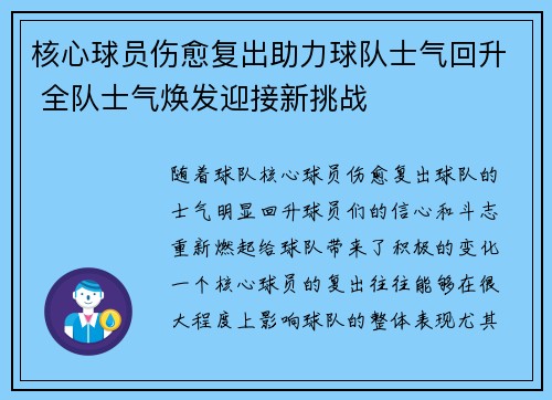 核心球员伤愈复出助力球队士气回升 全队士气焕发迎接新挑战