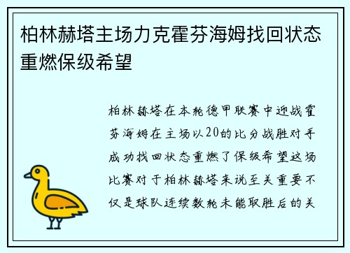 柏林赫塔主场力克霍芬海姆找回状态重燃保级希望