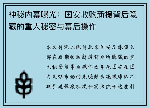 神秘内幕曝光：国安收购新援背后隐藏的重大秘密与幕后操作